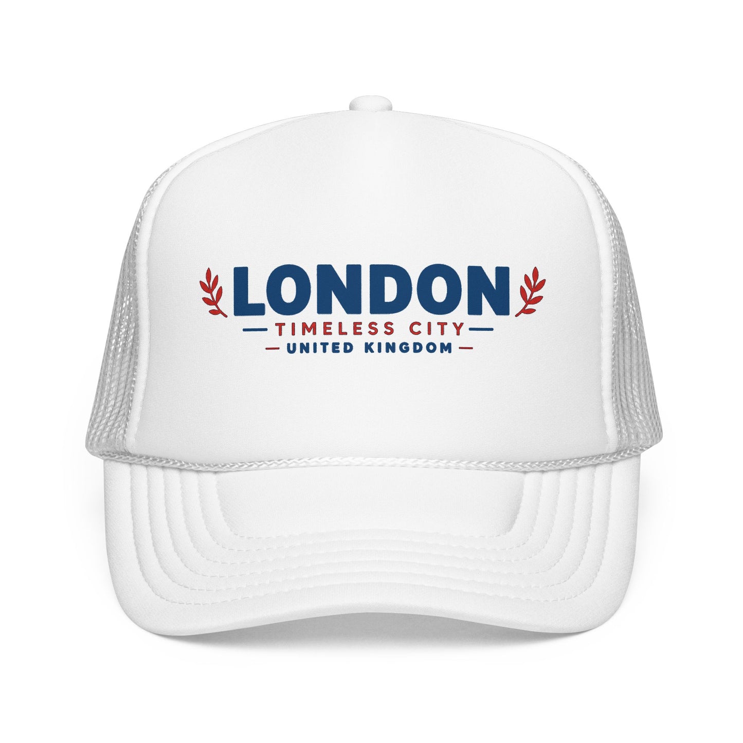 Foam trucker hat with white front and embroidered London logo, with gray mesh back.