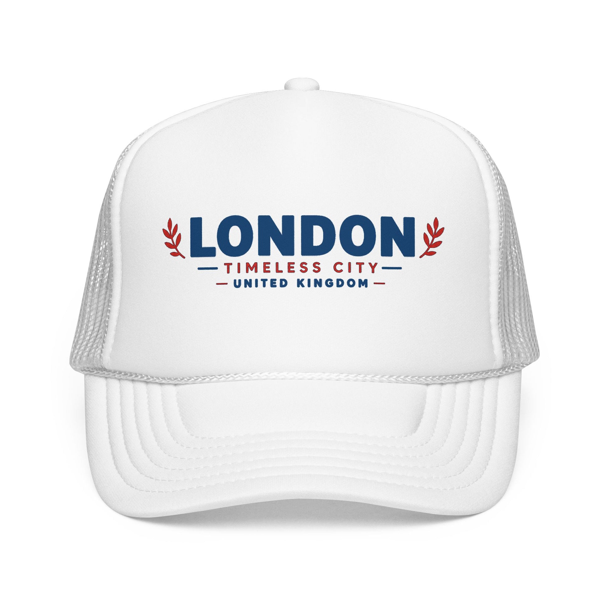 Foam trucker hat with white front and embroidered London logo, with gray mesh back.