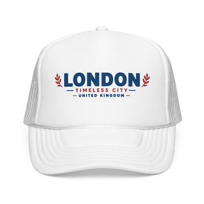 Foam trucker hat with white front and embroidered London logo, with gray mesh back.