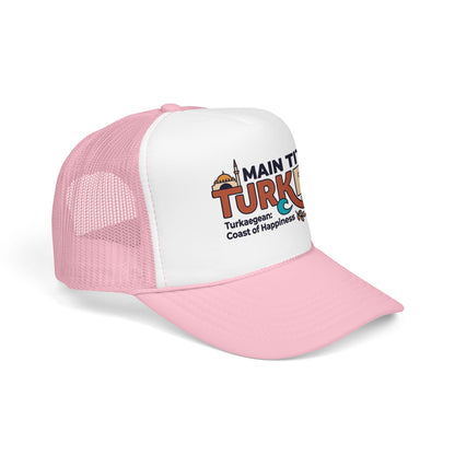 Pink and white mesh trucker hat with embroidered turkey logo on the front