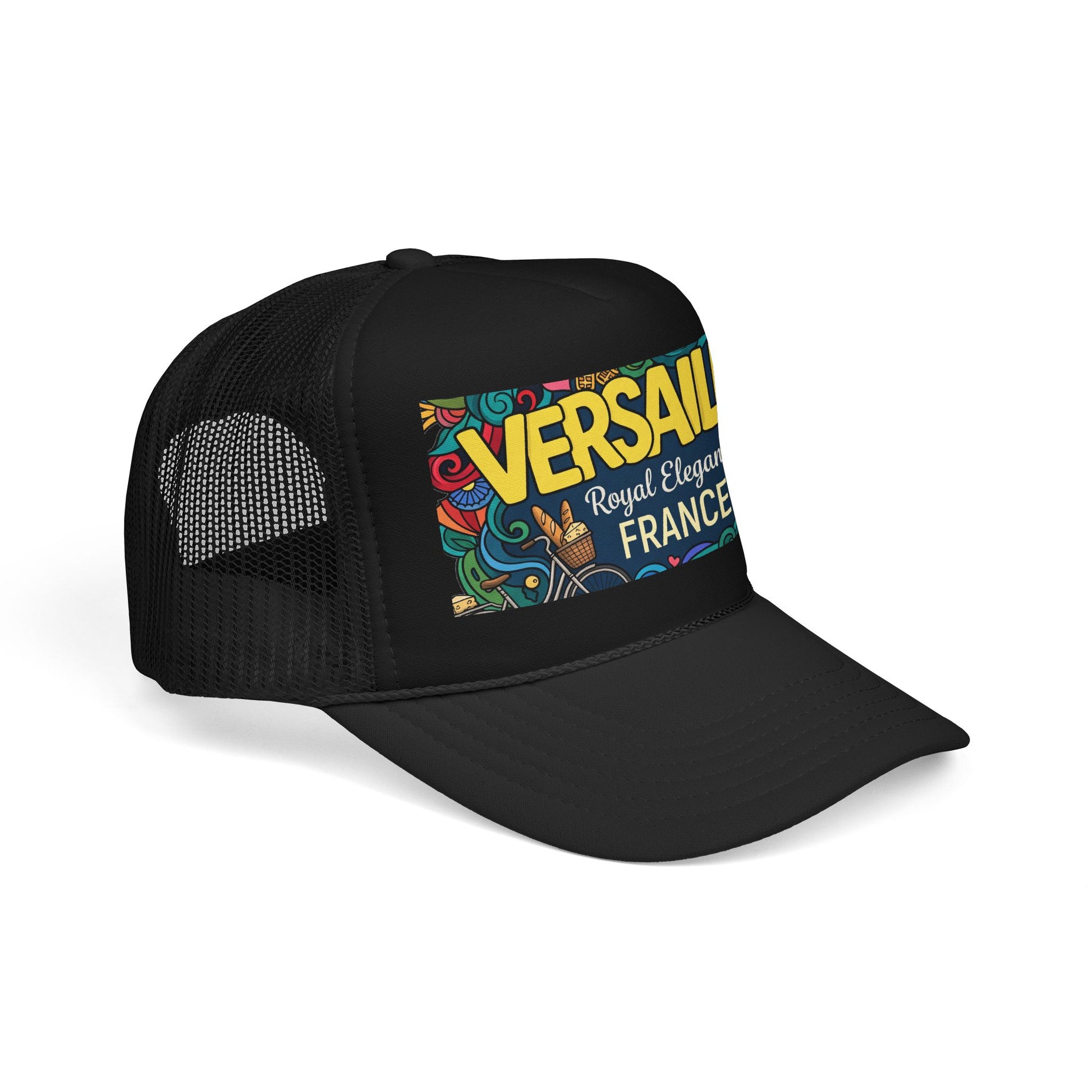 All-black trucker hat with mesh back and colorful Versailles France patch