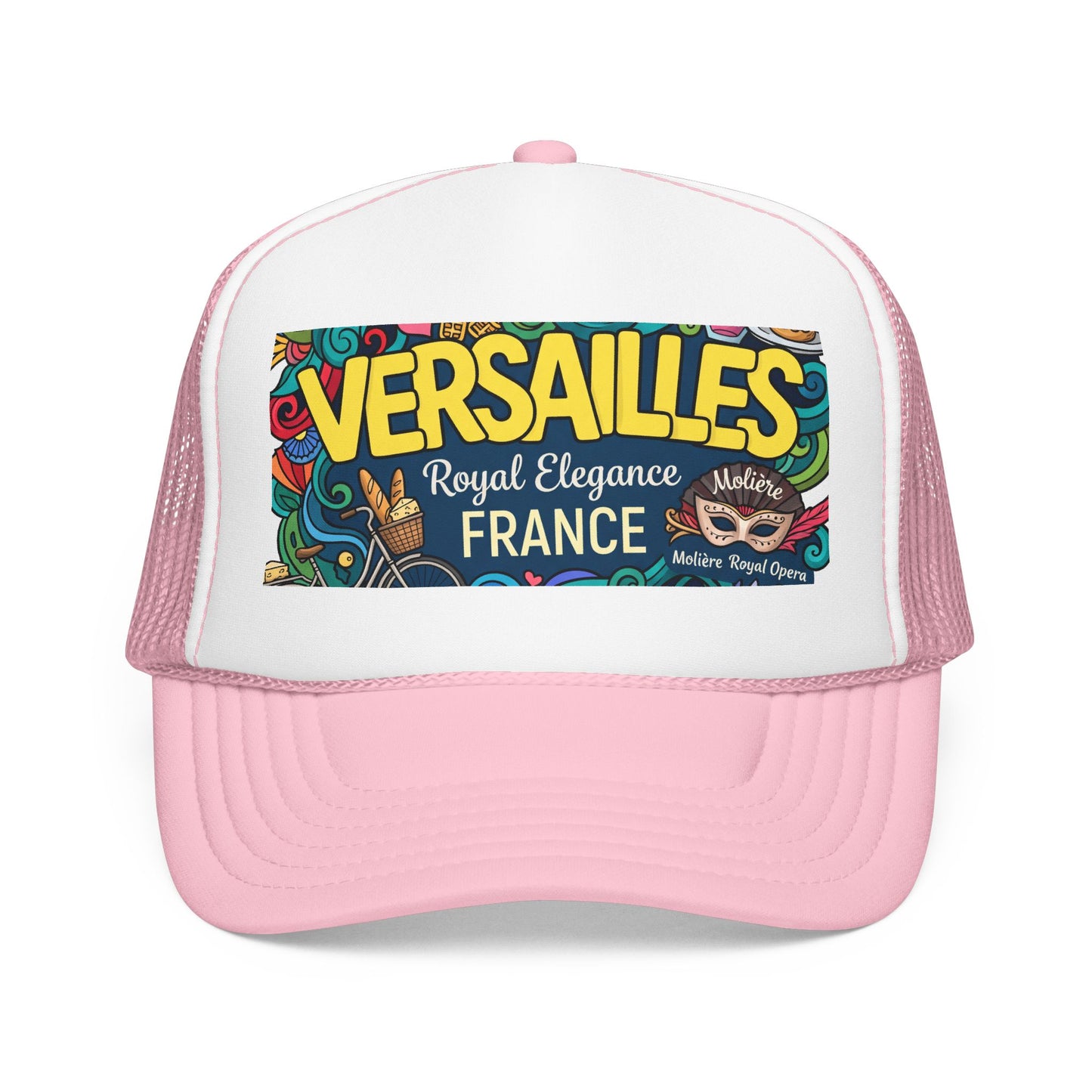 Pink and white trucker hat with mesh side panels and colorful 'Versailles France' front patch