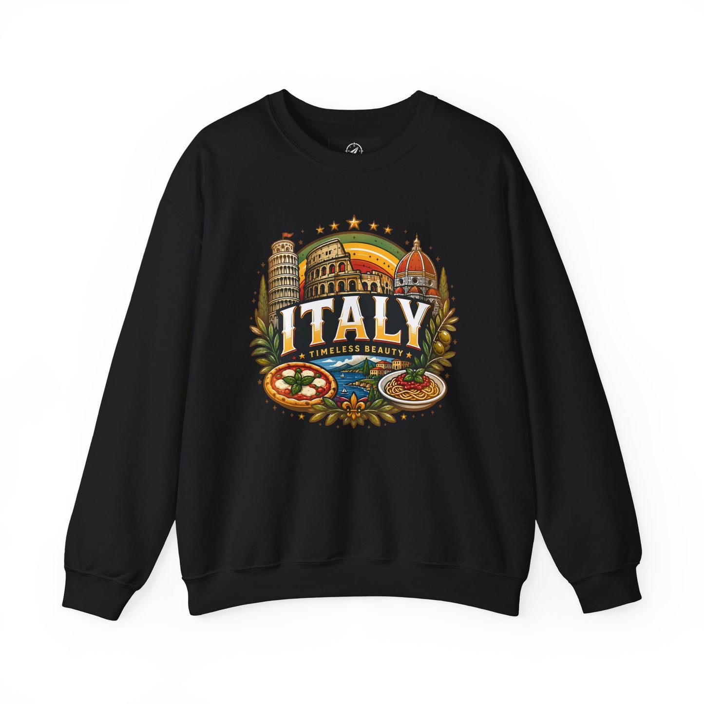 Black crewneck sweatshirt with colorful Italy graphic on the front.