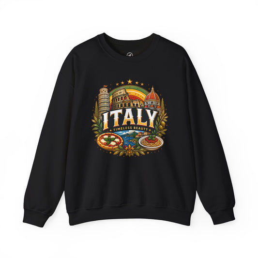 Black crewneck sweatshirt with colorful Italy graphic on the front.