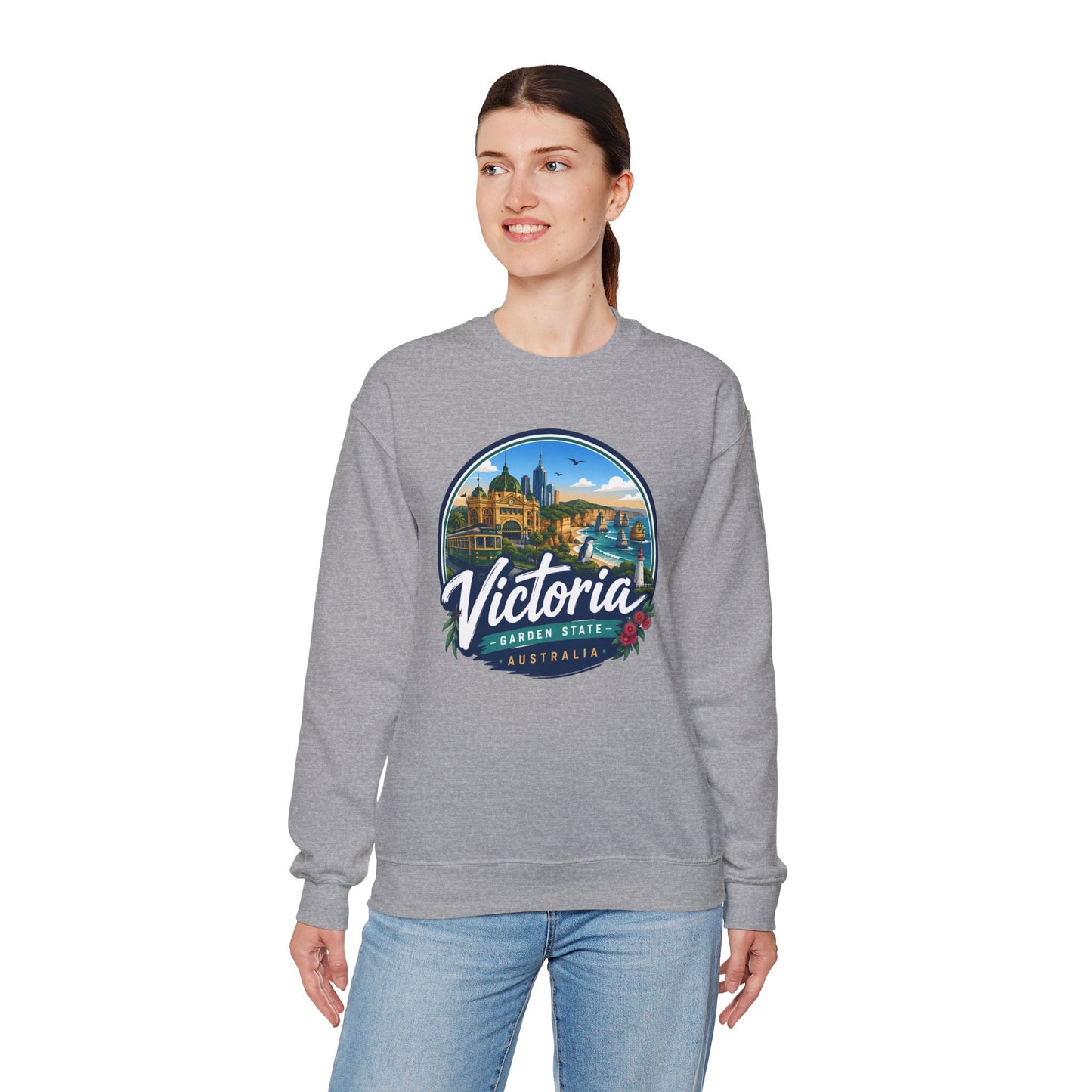 Sport grey crewneck sweatshirt worn, front view with Victoria graphic