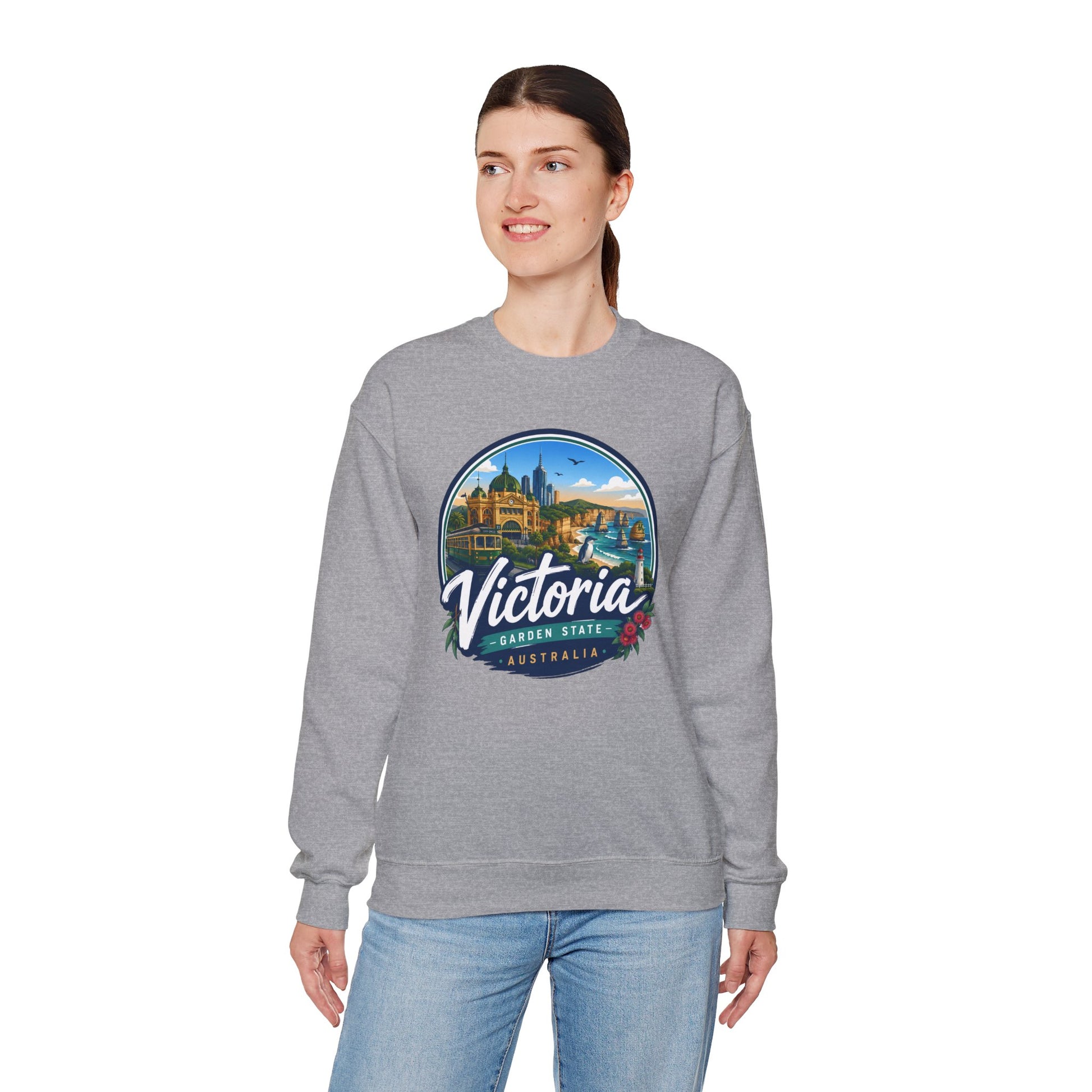 Sport grey crewneck sweatshirt worn, front view with Victoria graphic