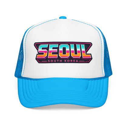 White and blue trucker hat with SEOUl South Korea logo patch on front panel