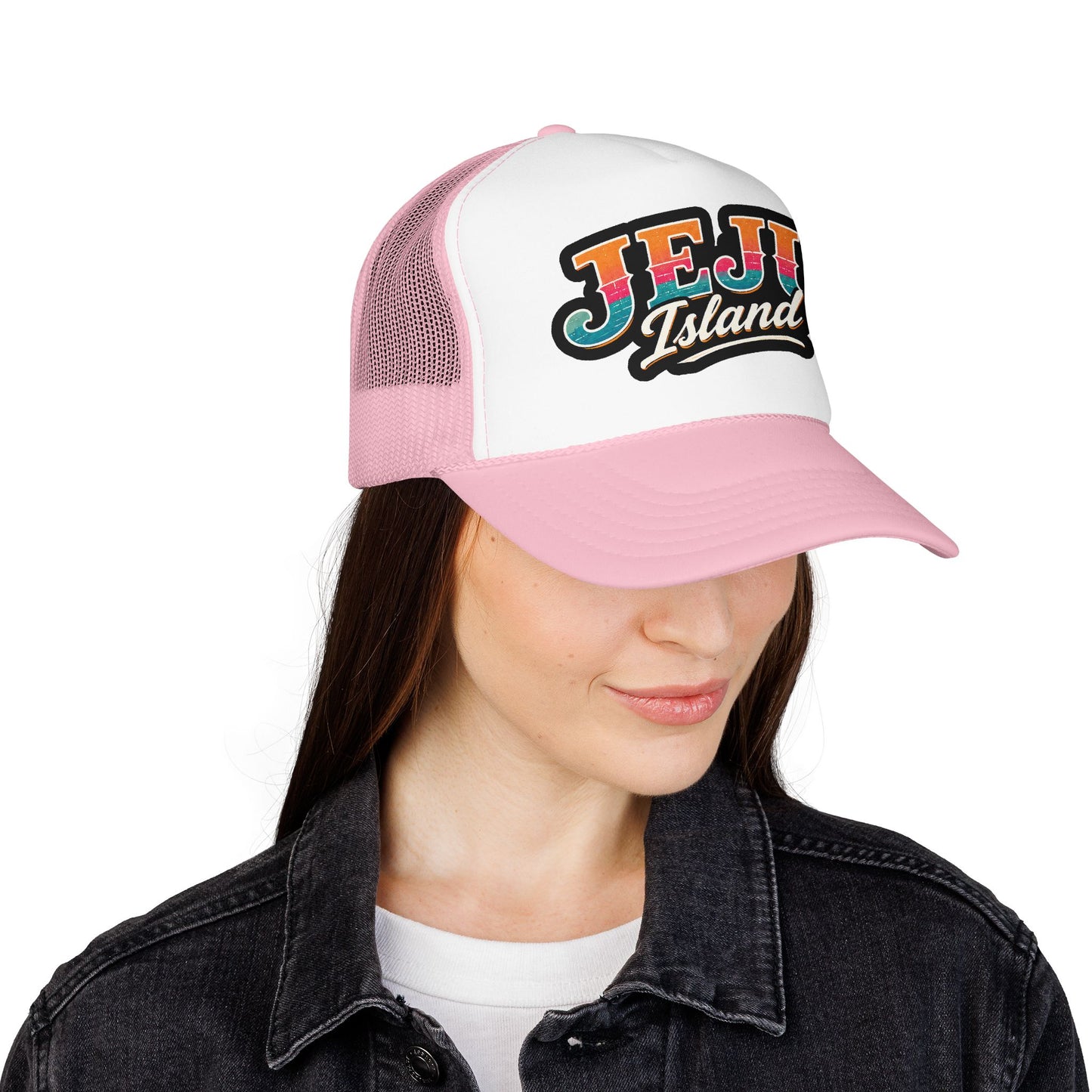 Foam trucker hat, light pink and white mesh with Jeju Island logo on model
