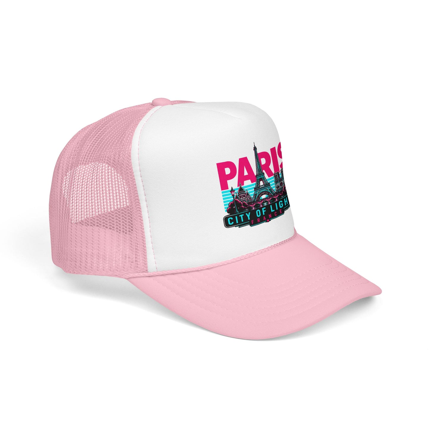 Trucker hat with white front panel, pink mesh sides, and Paris graphic on the crown
