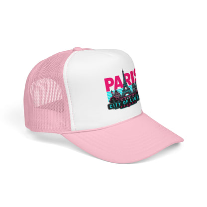 Trucker hat with white front panel, pink mesh sides, and Paris graphic on the crown