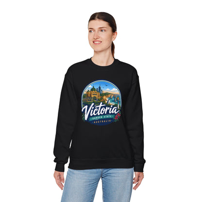 Black crewneck sweatshirt worn, front view with Victoria graphic