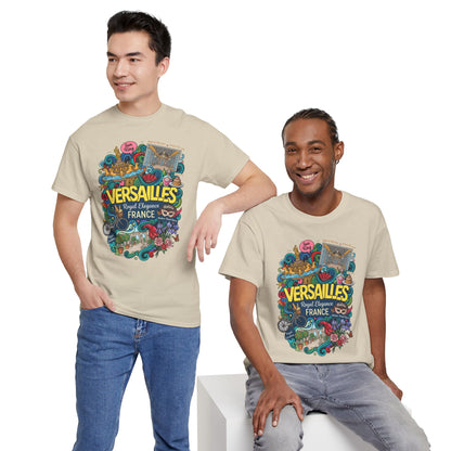 Natural cream crew-neck T-shirt with centered colorful Versailles illustrated front graphic