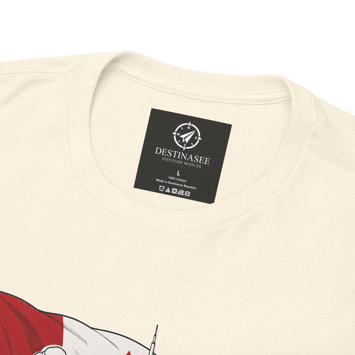 Men's cream T-shirt neckline with small square brand label and crew neck.