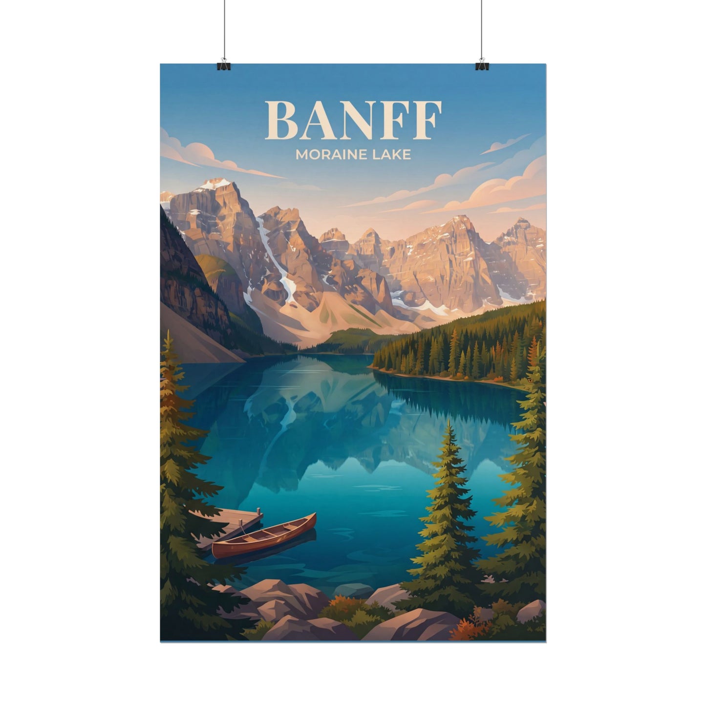 Banff Moraine Lake rolled poster print with blue lake, conifer trees, rocks, and canoe