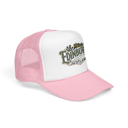 Pink and white trucker hat with mesh back and front “Edinburgh Scotland” logo patch.