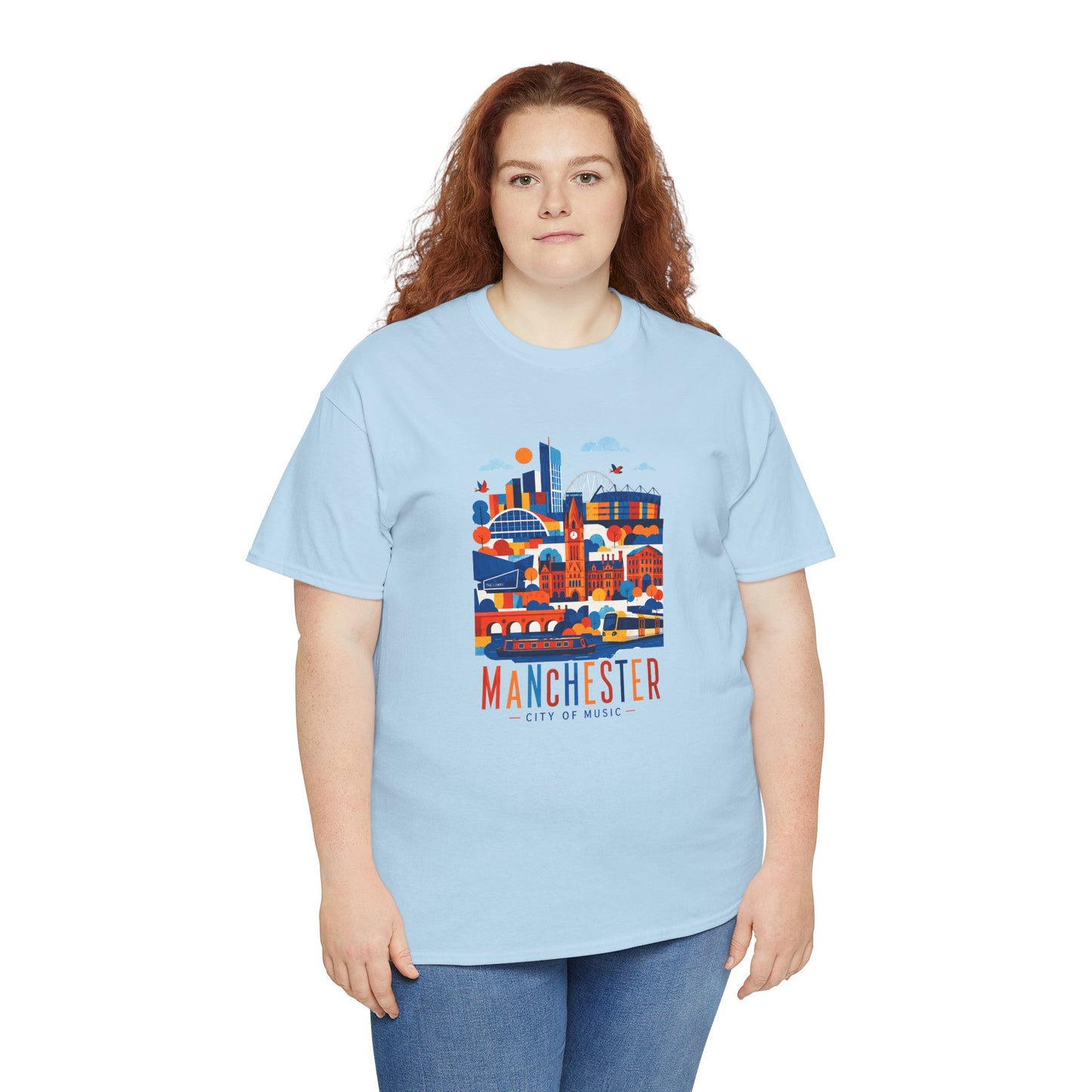Light blue Manchester Skyline T-shirt with colorful Manchester city graphic on front.