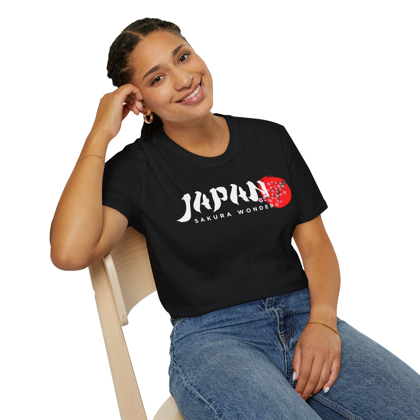 Black T-shirt with white “Japan” text and red cherry blossom graphic on chest