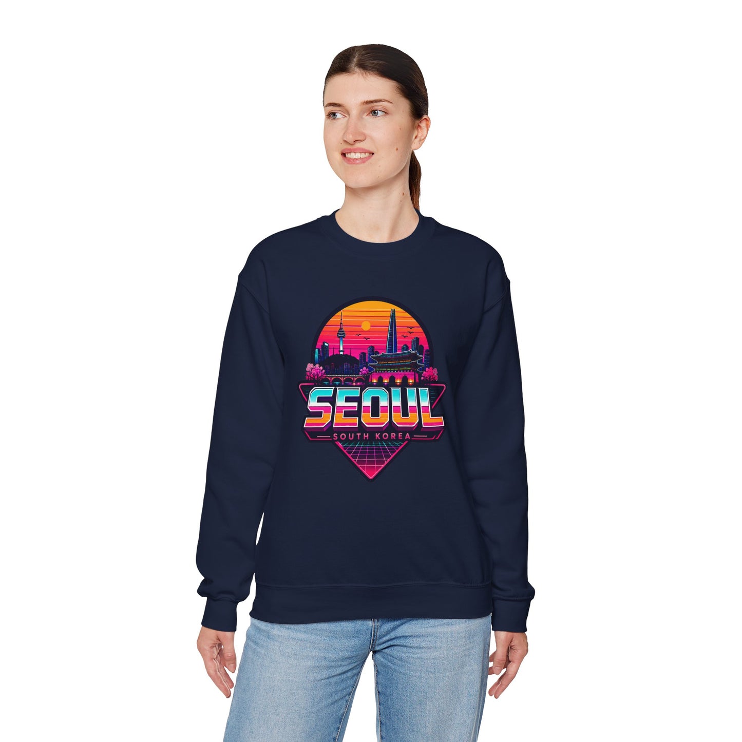 Navy crewneck sweatshirt with Seoul cityscape graphic on the chest