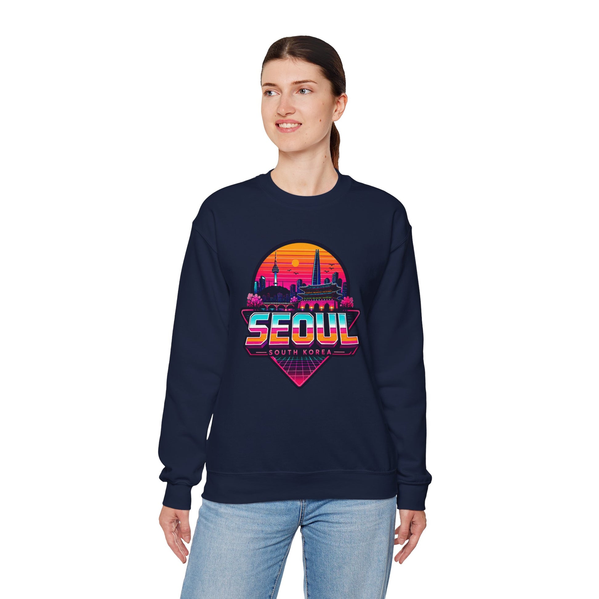 Navy crewneck sweatshirt with Seoul cityscape graphic on the chest