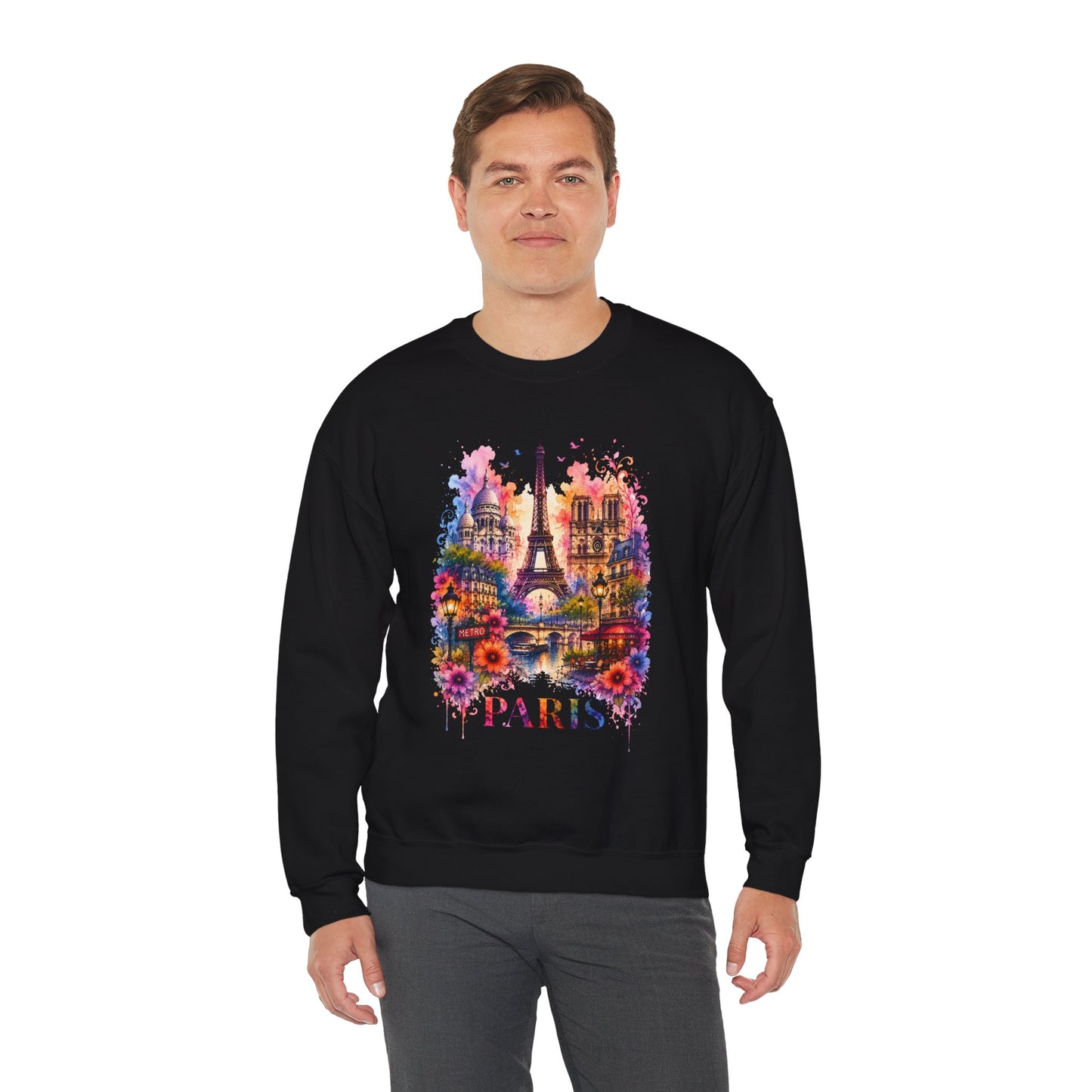 Black sweatshirt on model with colorful Eiffel Tower floral graphic and "PARIS" text
