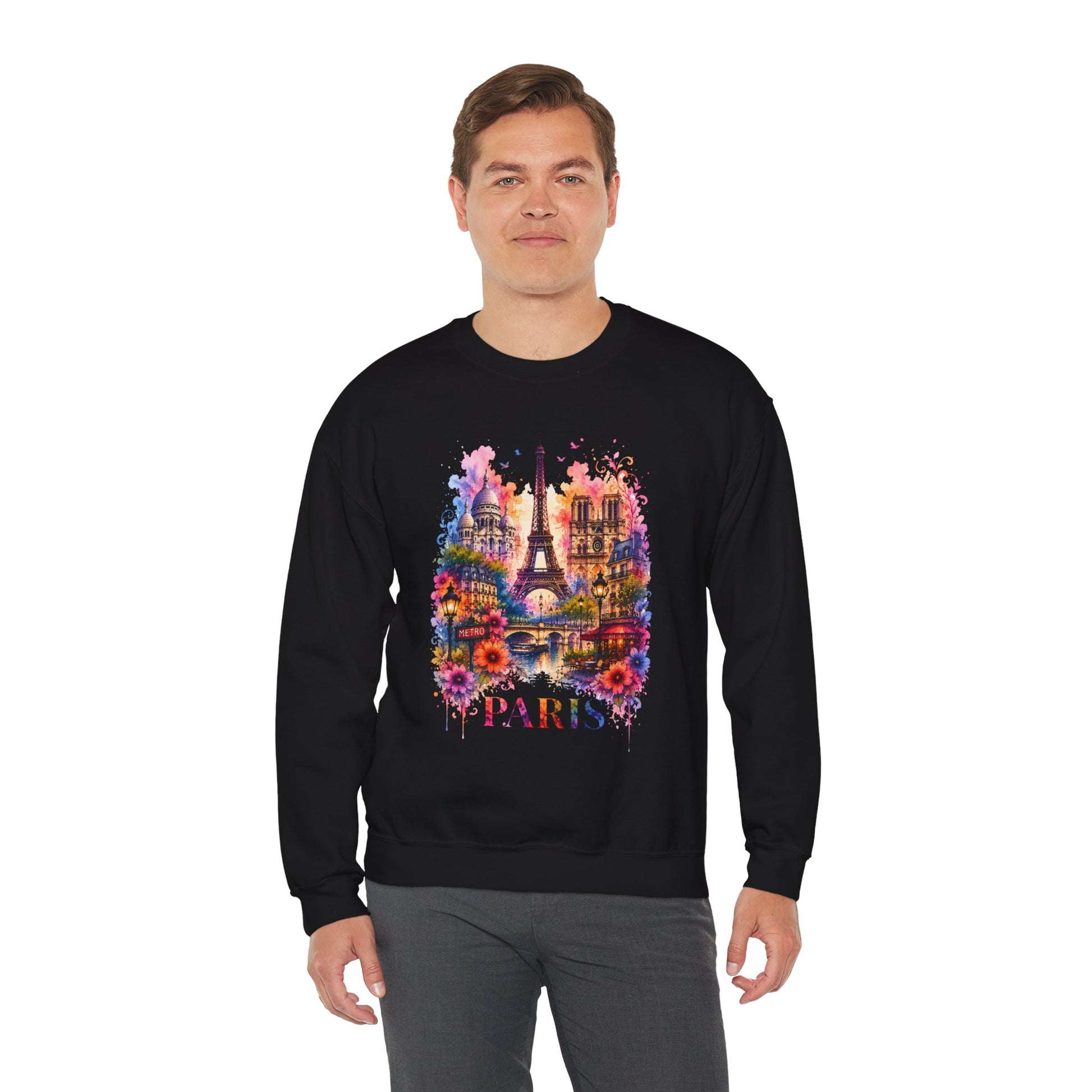Black sweatshirt on model with colorful Eiffel Tower floral graphic and "PARIS" text
