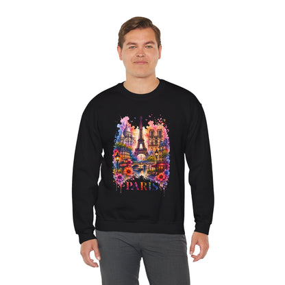 Black sweatshirt on model with colorful Eiffel Tower floral graphic and "PARIS" text