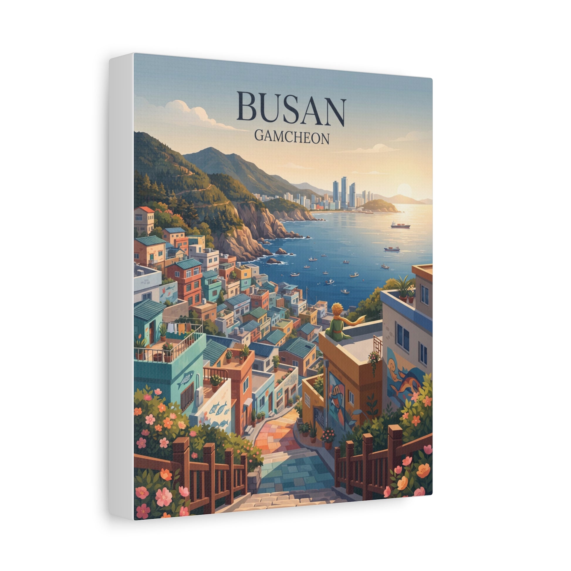 Matte canvas wall art, vertical: BUSAN GAMCHEON coastal alley with flowers and sea