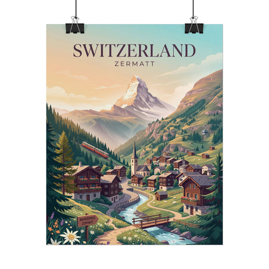 Switzerland Zermatt poster hanging with two clips, river valley and house buildings