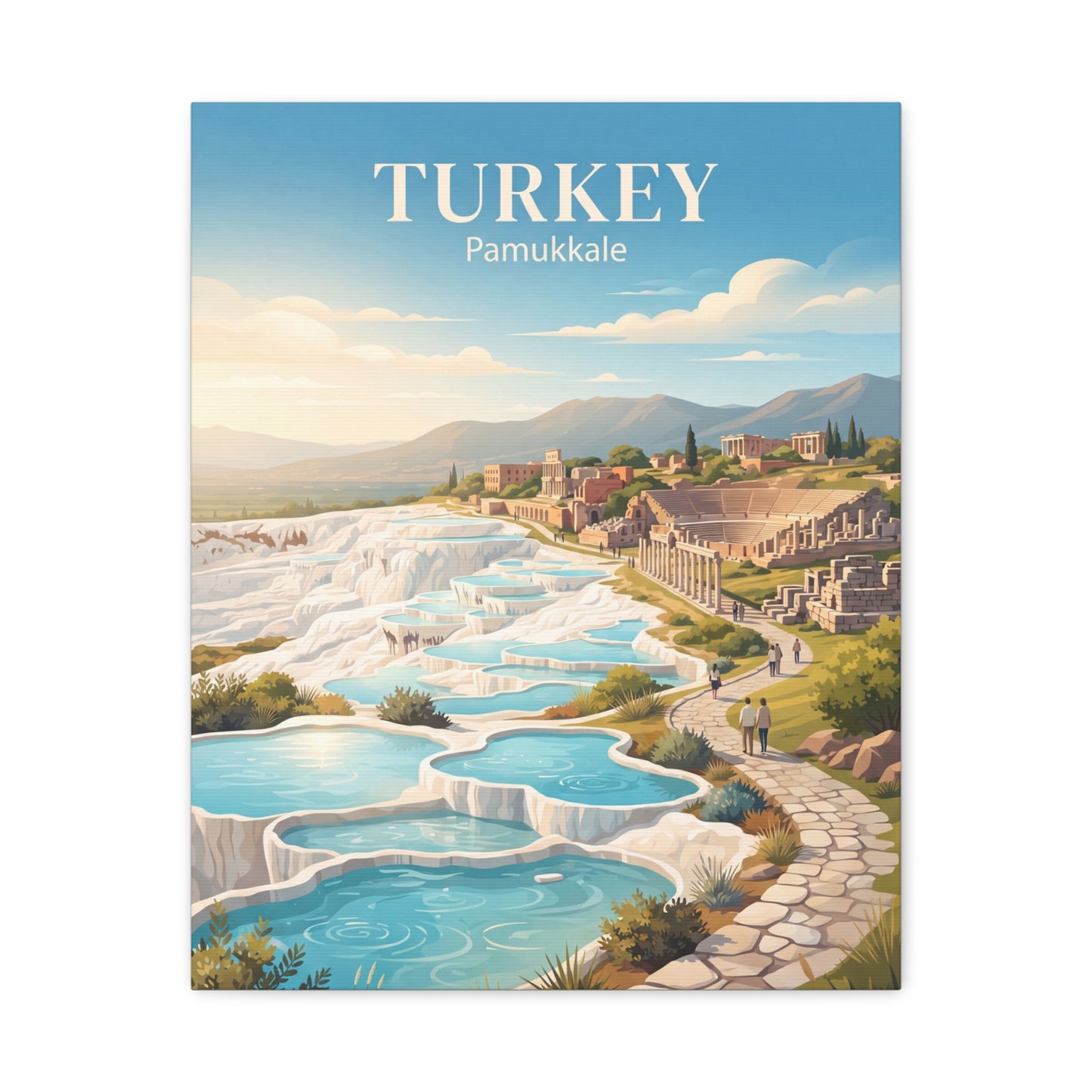 Turkey Pamukkale matte canvas wall art with turquoise terraces, pools, and stone path