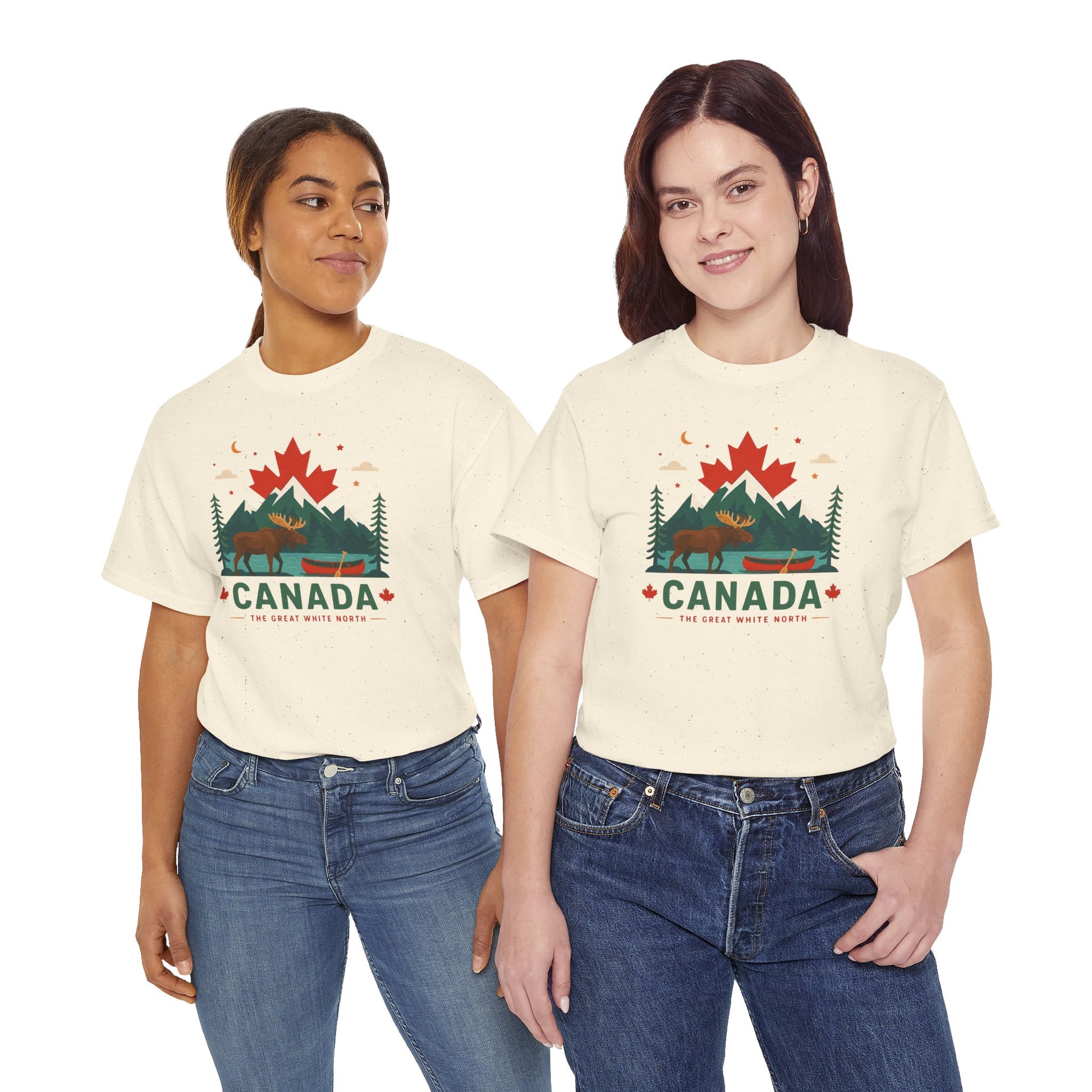 Light tan Canada camping graphic T-shirt with red maple leaf and evergreen scene