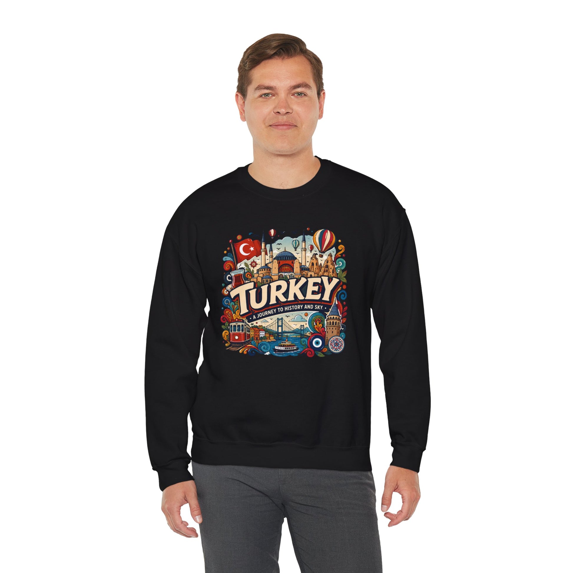 Black crewneck sweatshirt with large Turkey city graphic on the chest