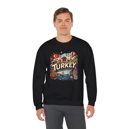Black crewneck sweatshirt with large Turkey city graphic on the chest
