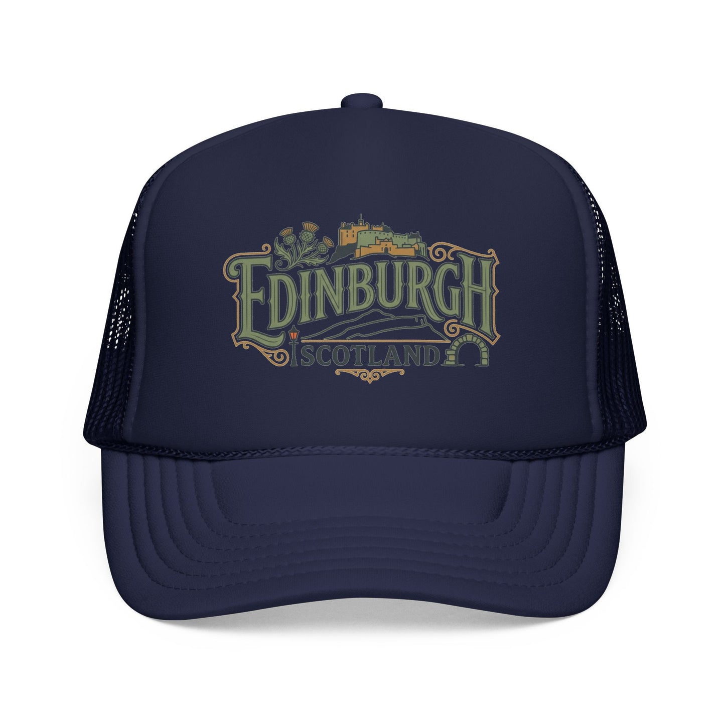 Navy trucker hat with mesh back and Edinburgh Scotland logo