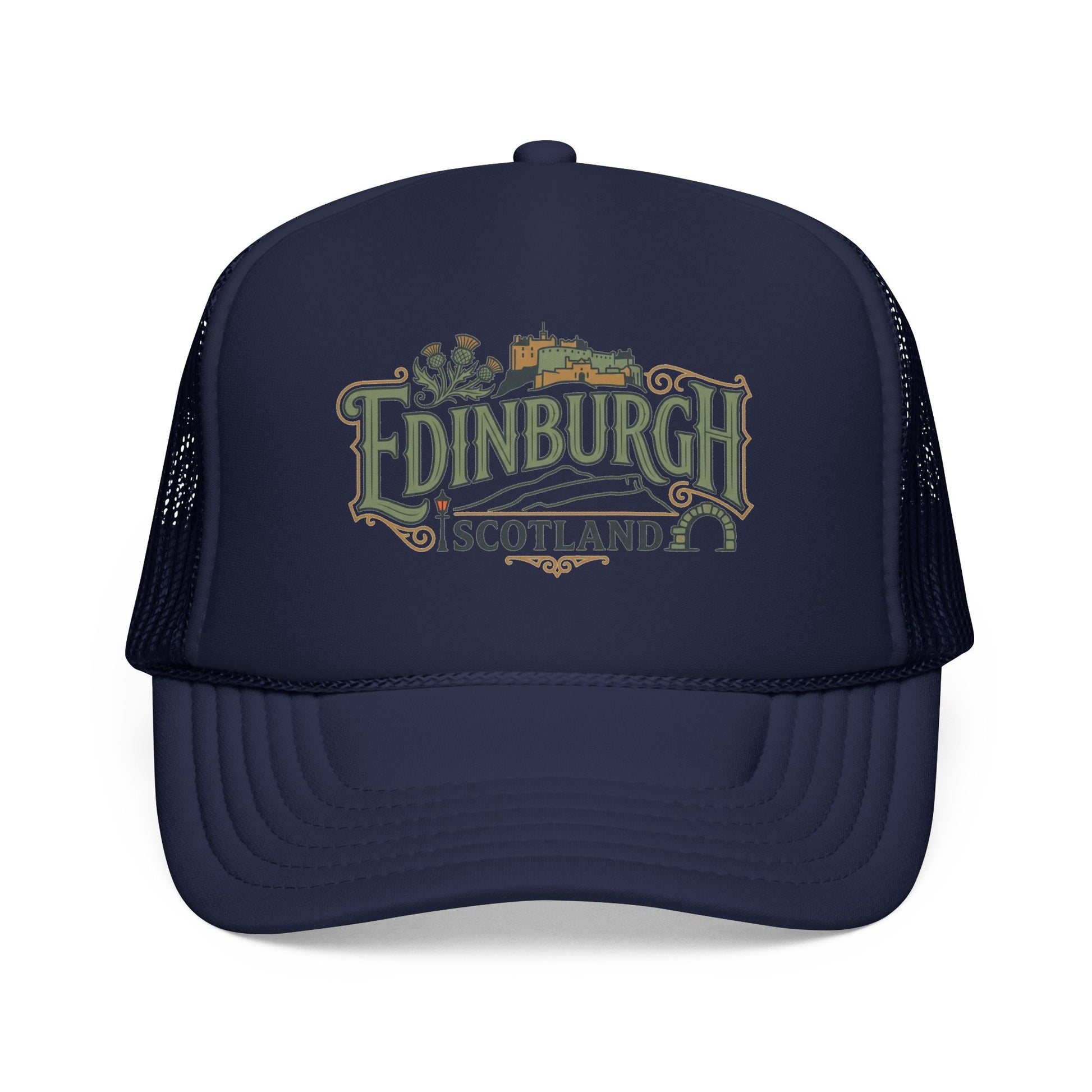 Navy trucker hat with mesh back and Edinburgh Scotland logo