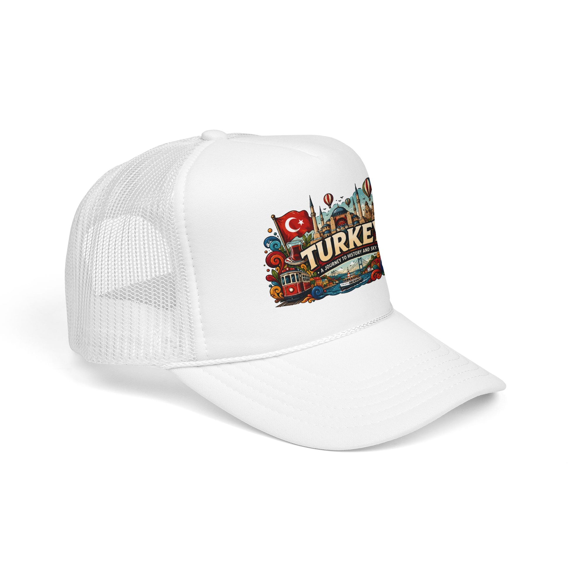 White mesh trucker hat with white front panel and colorful Turkey logo patch