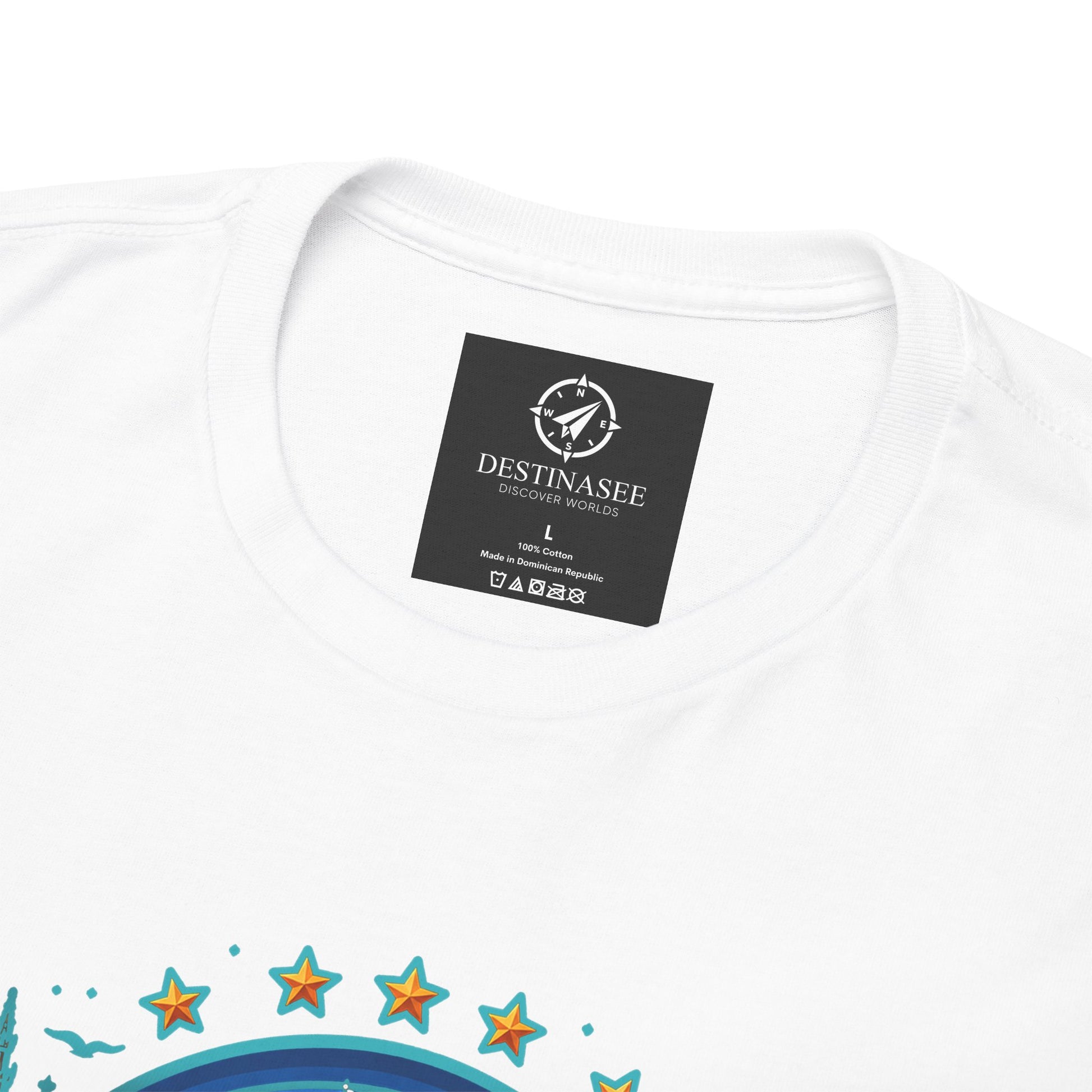 White crew-neck T-shirt with small black neck label and partial colorful graphic print