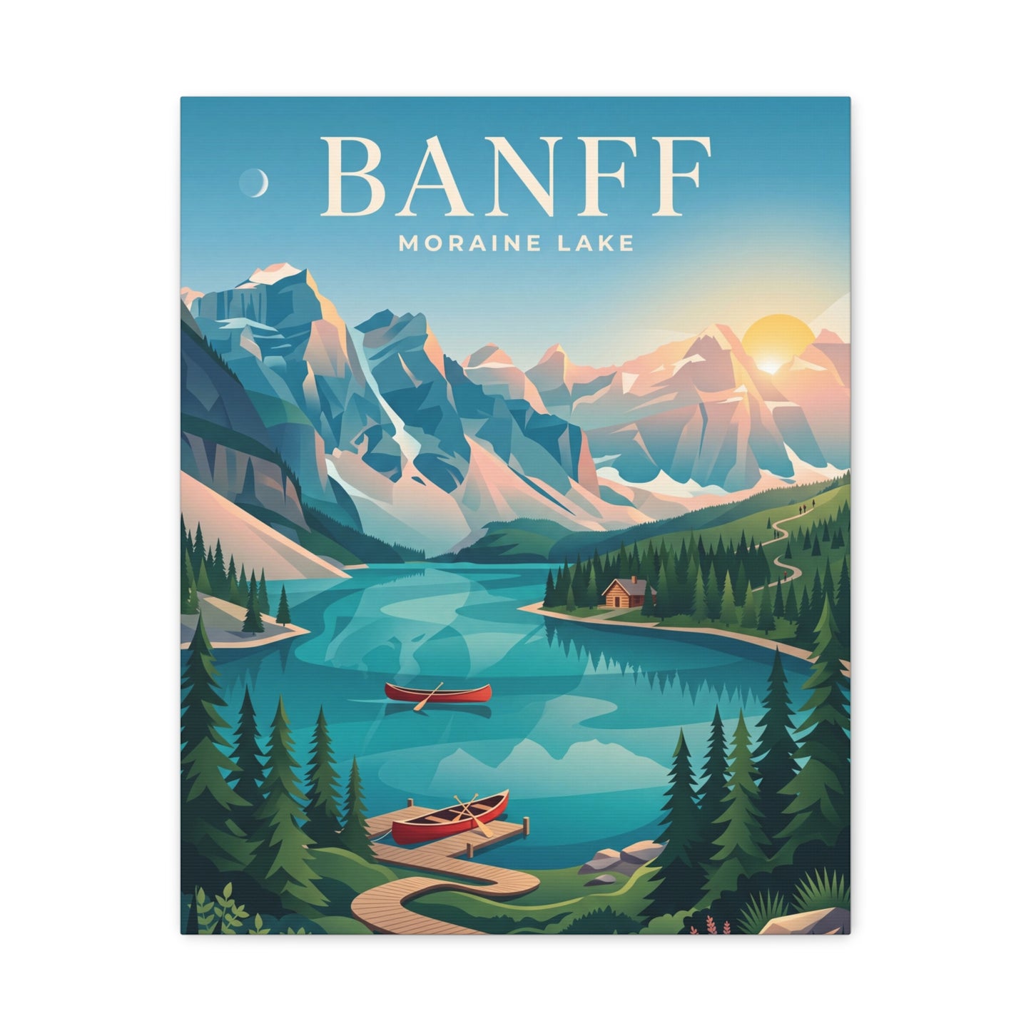 Banff Moraine Lake matte canvas wall art, centered view of blue valley lake and evergreen forest