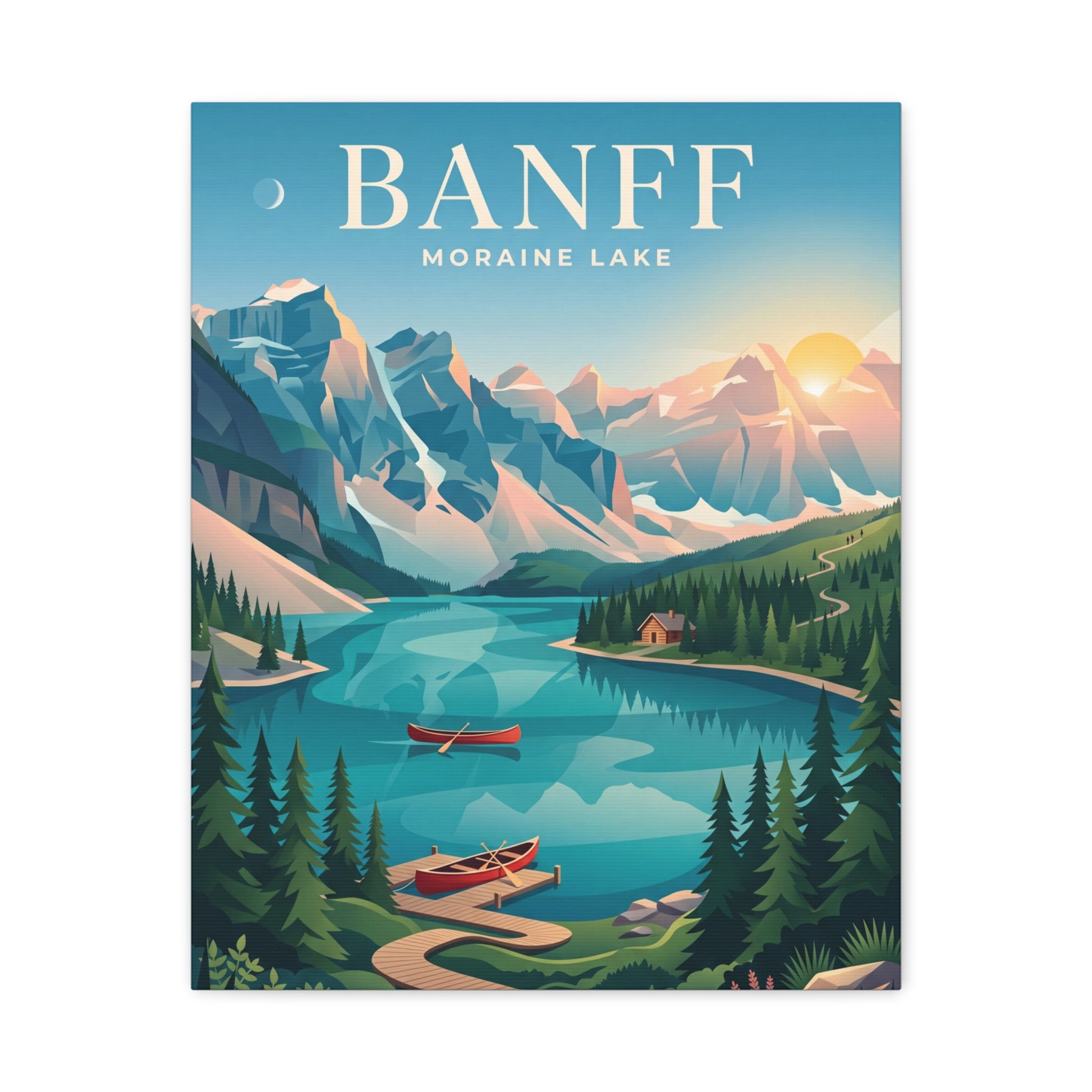 Banff Moraine Lake matte canvas wall art, centered view of blue valley lake and evergreen forest