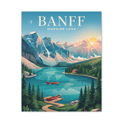 Banff Moraine Lake matte canvas wall art, centered view of blue valley lake and evergreen forest