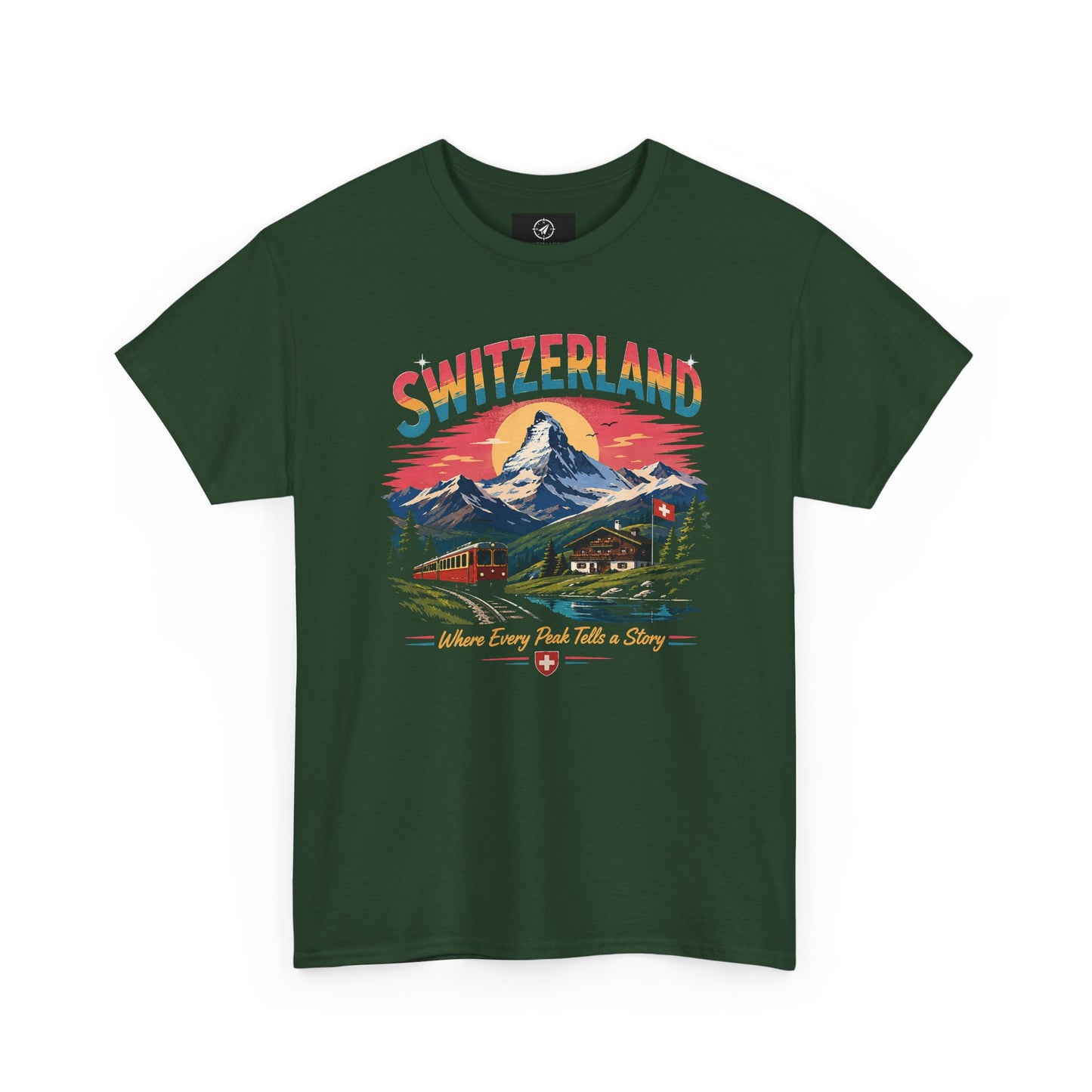 Forest green Switzerland mountain vintage T-shirt with colorful front graphic.