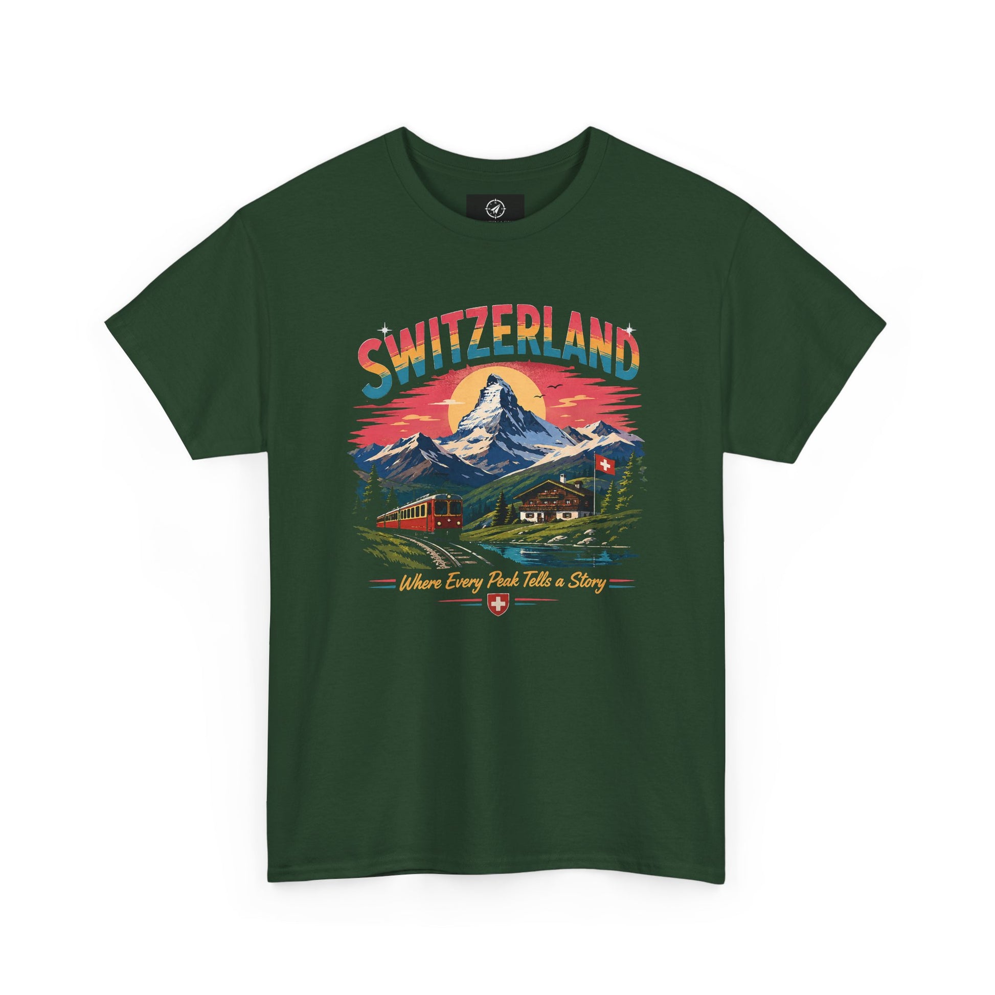 Forest green Switzerland mountain vintage T-shirt with colorful front graphic.