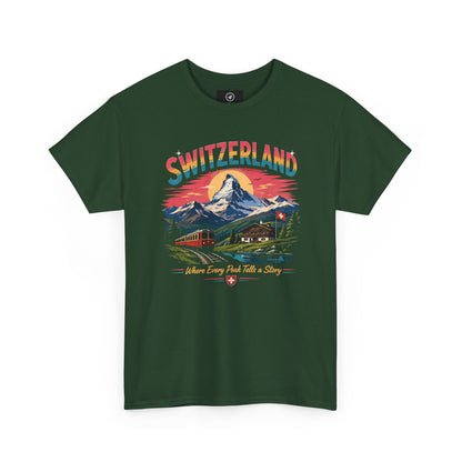 Forest green Switzerland mountain vintage T-shirt with colorful front graphic.