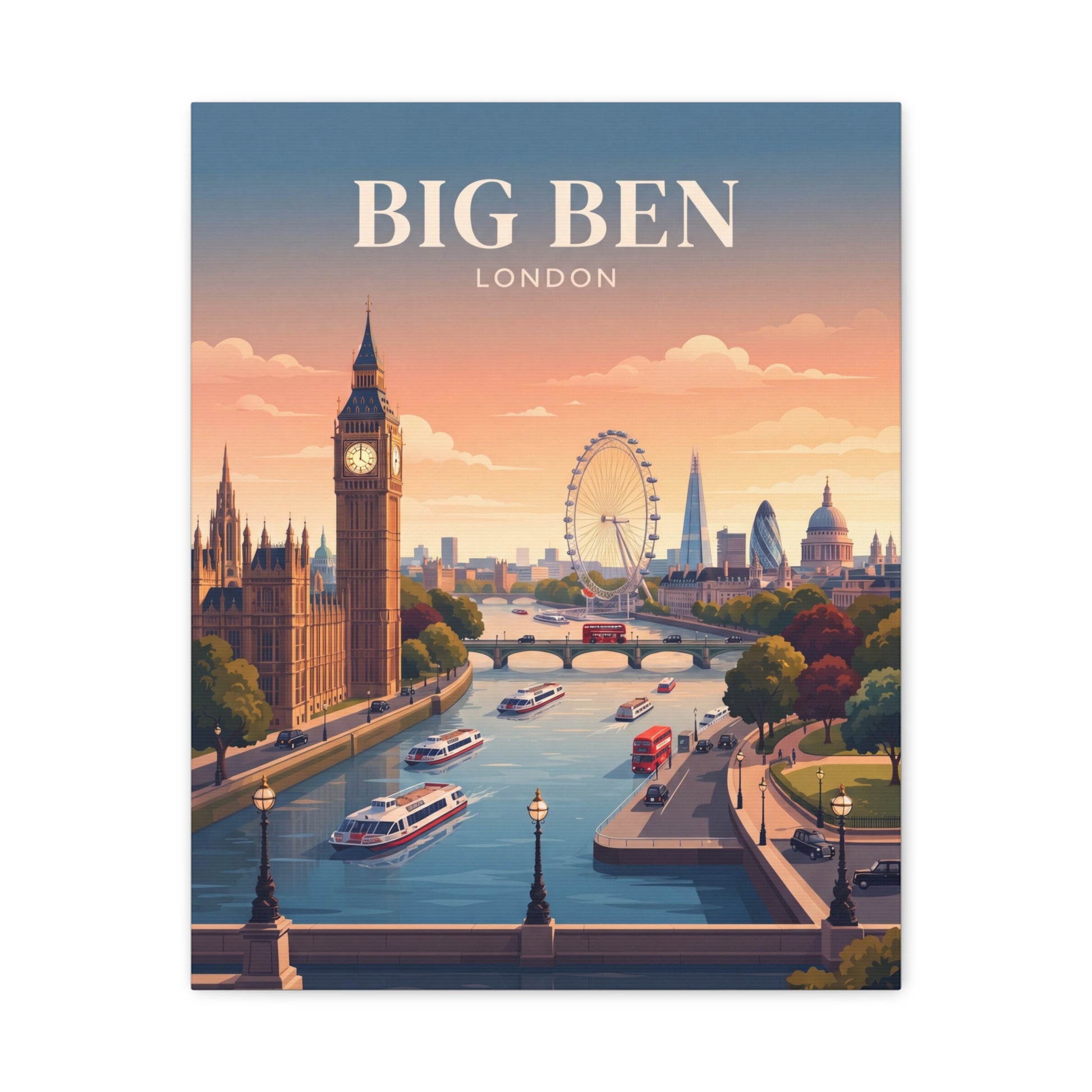 Rectangular matte canvas wall art showing Big Ben, river promenade, and Ferris wheel skyline.