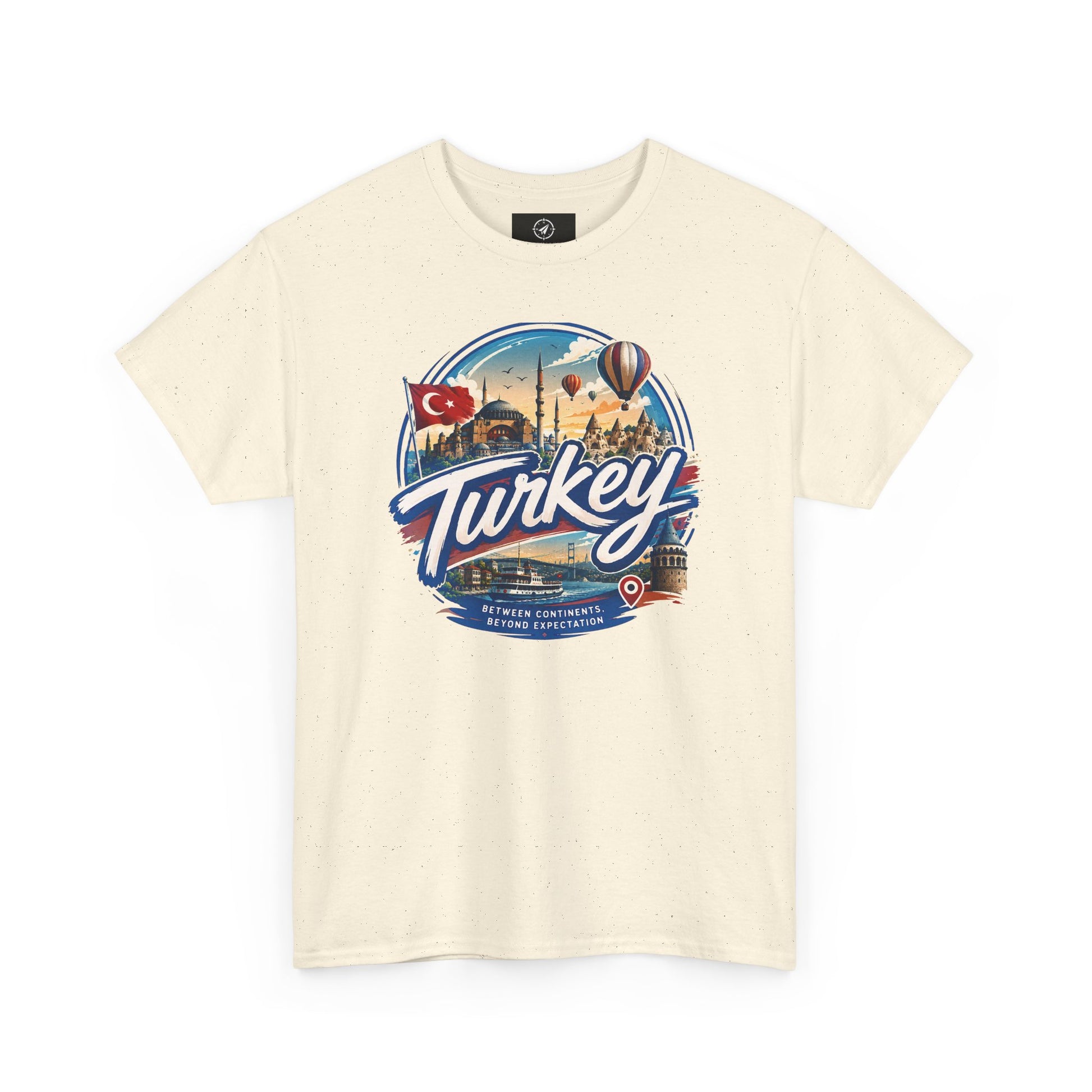 Natural cream crew-neck T-shirt with “Turkey” travel emblem graphic