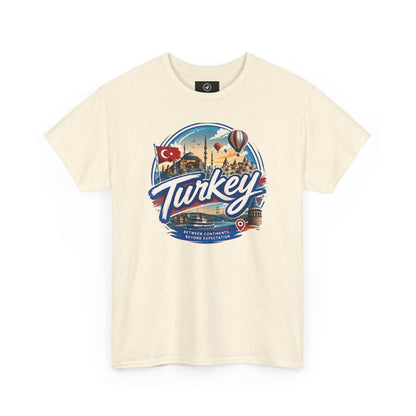 Natural cream crew-neck T-shirt with “Turkey” travel emblem graphic