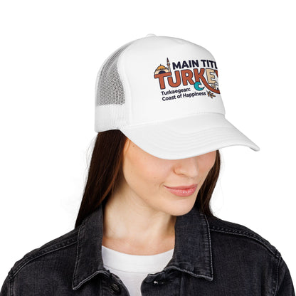 White and gray mesh trucker hat with embroidered turkey logo on the front panel