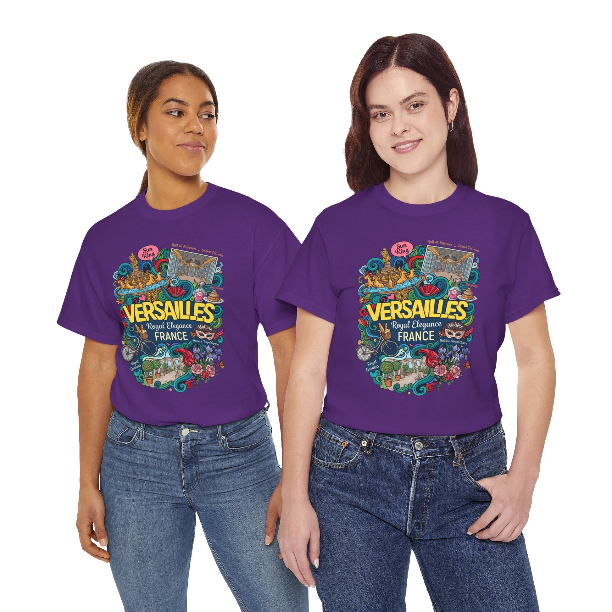 Purple graphic t-shirt featuring colorful Versailles-style front illustration