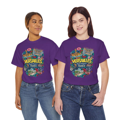 Purple graphic t-shirt featuring colorful Versailles-style front illustration