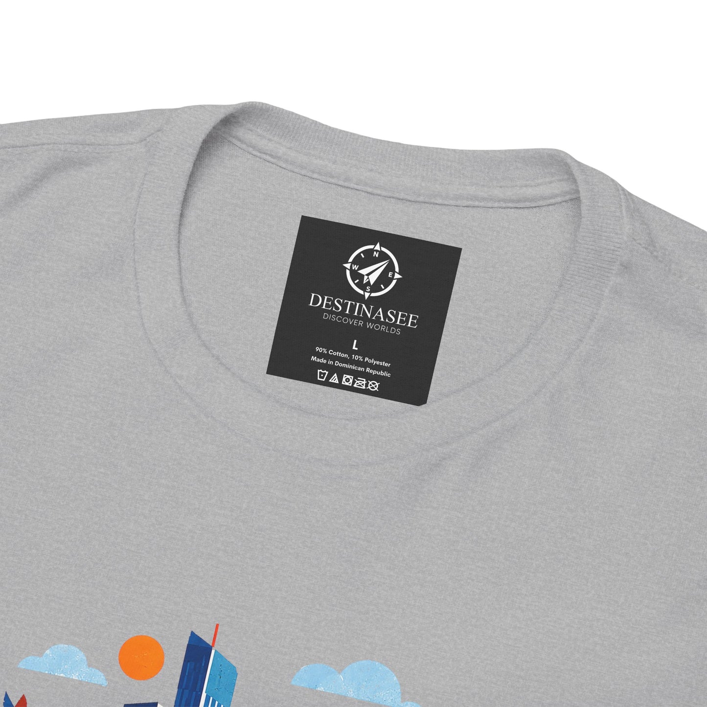 Light gray crewneck t-shirt with small square logo tag at neckline
