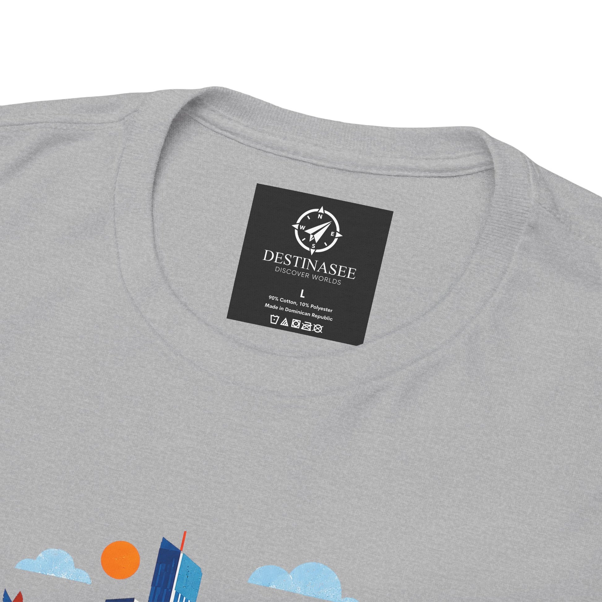Light gray crewneck t-shirt with small square logo tag at neckline